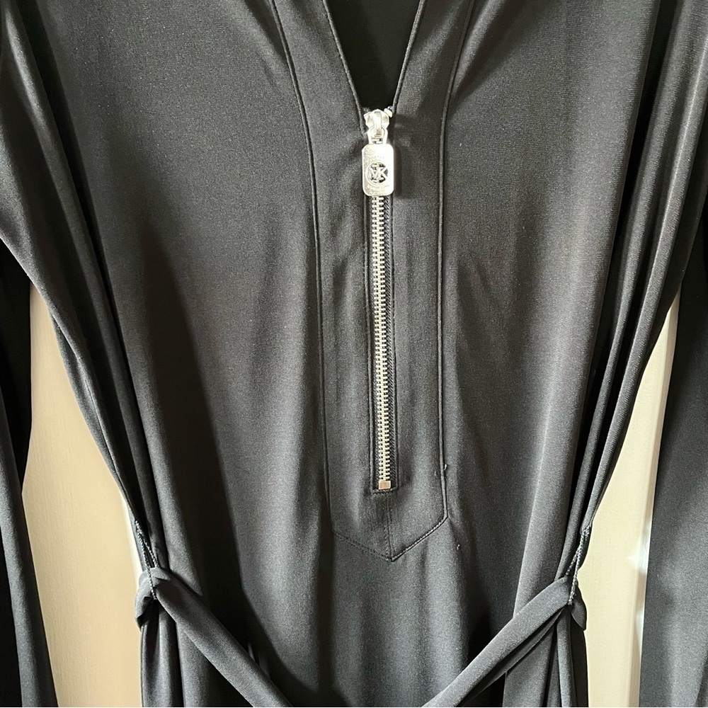 Michael Kors Little Black Dress Long Sleeve Cocktail V Neck Belted Classy Midi L - Picture 7 of 11
